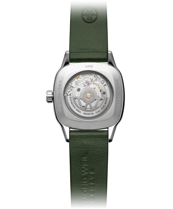 Raymond Weil 2490-SCS-52051 Freelancer Ladies Automatic Green Dial Leather Watch, 34.5 x 34.5 mm Green Leather Strap, Green Dial, Laboratory-Grown Diamonds