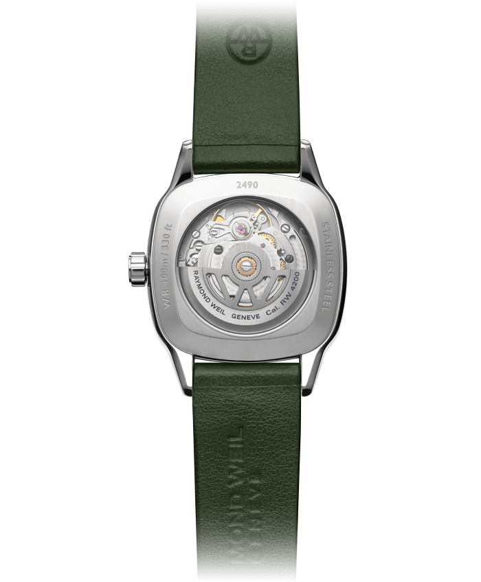 Raymond Weil 2490-SCS-52051 Freelancer Ladies Automatic Green Dial Leather Watch, 34.5 x 34.5 mm Green Leather Strap, Green Dial, Laboratory-Grown Diamonds