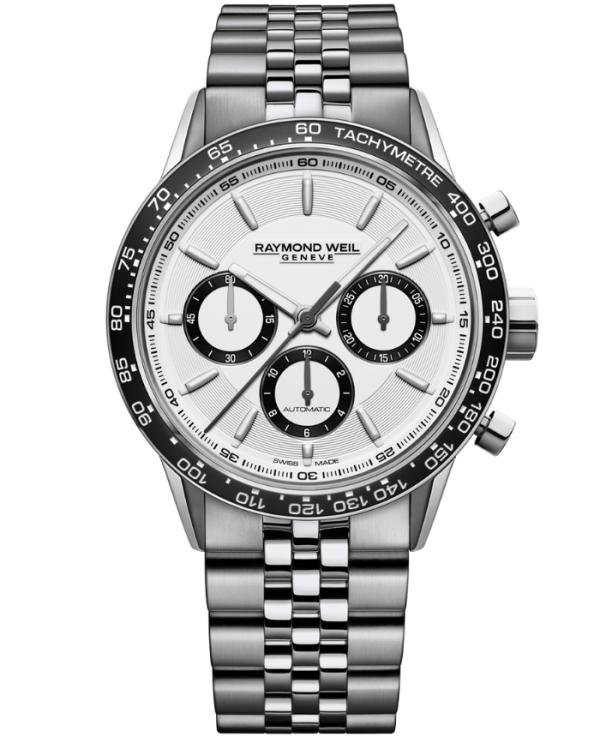 Raymond Weil 7741-ST1-30021 Freelancer Men's Automatic Chronograph Bracelet Watch, 43.5mm Stainless Steel case, black ceramic bezel, white dial