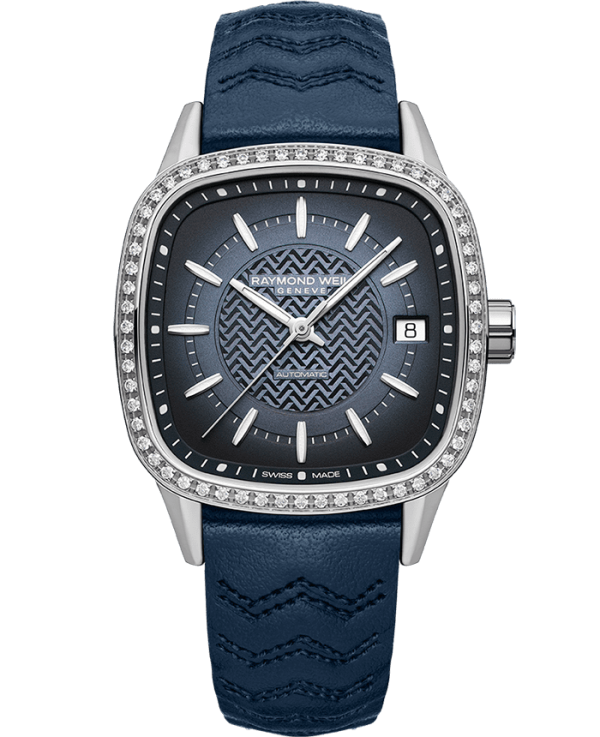 Raymond Weil 2490-SCS-50051 Freelancer Ladies Automatic Blue Dial Leather Watch, 34.5 x 34.5 mm Blue Leather Strap, Gradient Blue Dial, Laboratory-Grown Diamonds