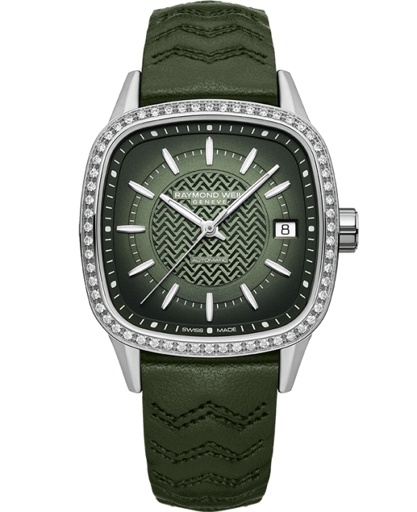 Raymond Weil 2490-SCS-52051 Freelancer Ladies Automatic Green Dial Leather Watch, 34.5 x 34.5 mm Green Leather Strap, Green Dial, Laboratory-Grown Diamonds