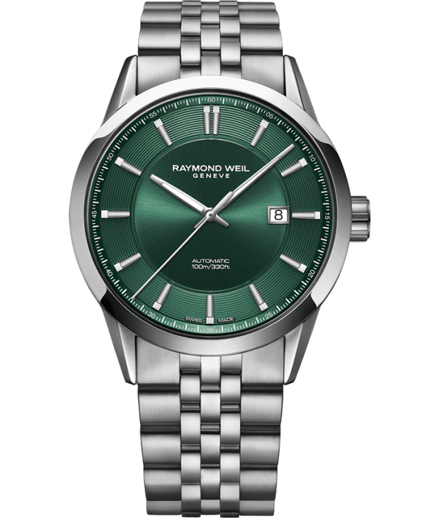 Raymond Weil 2731-ST-52001 Freelancer Men's Automatic Green Dial Stainless Steel Bracelet Watch, 42 mm Stainless Steel Bracelet, Green Dial, Stainless Steel Case, Indexes