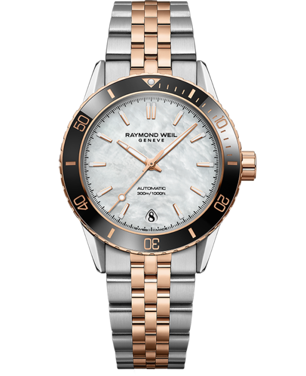 Raymond Weil 2755-S51-97001 Freelancer Diver Rose Gold PVD Two-Tone Bracelet Watch, 36mm Mother-of-Pearl Dial, Stainless Steel with Rose Gold PVD Plating, Two-Tone Bracelet, Indexes