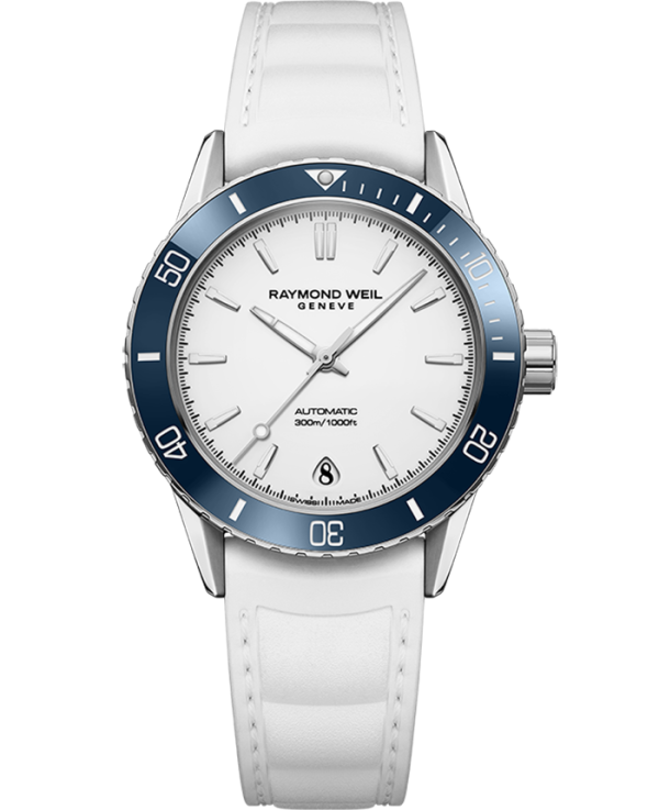 Raymond Weil 2755-S83-30001 Freelancer Diver White Rubber Strap Watch, 36mm White Dial, Stainless Steel Case, Blue Ceramic Bezel, White Rubber Strap, Indexes