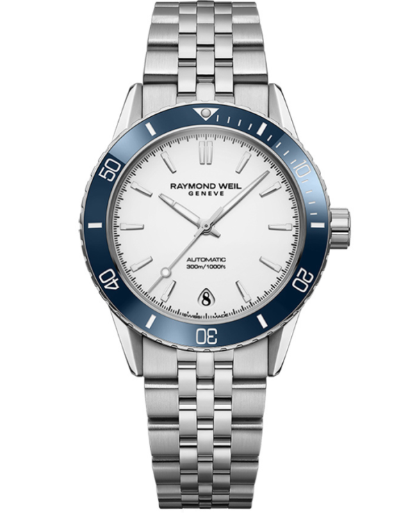 Raymond Weil 2755-ST3-30001 Freelancer Diver White Dial Bracelet Watch, 36mm White Dial, Stainless Steel Bracelet, Blue Ceramic Bezel, Indexes