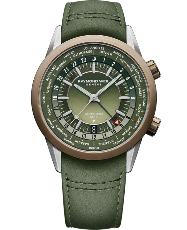 Raymond Weil 2765-SBC-52001 Freelancer Men's GMT Worldtimer Green Leather Watch, 41mm Green Gradient Dial With Indexes, Green Leather Strap, Stainless Steel And Bronze Case, 24 Cities And Time Zones