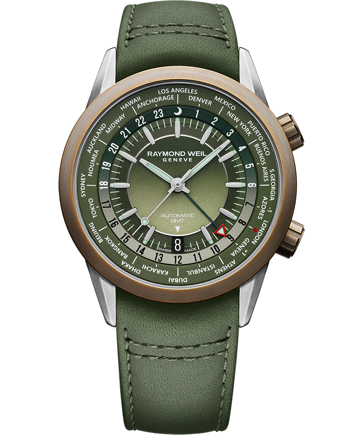 Raymond Weil 2765-SBC-52001 Freelancer Men's GMT Worldtimer Green Leather Watch, 41mm Green Gradient Dial With Indexes, Green Leather Strap, Stainless Steel And Bronze Case, 24 Cities And Time Zones