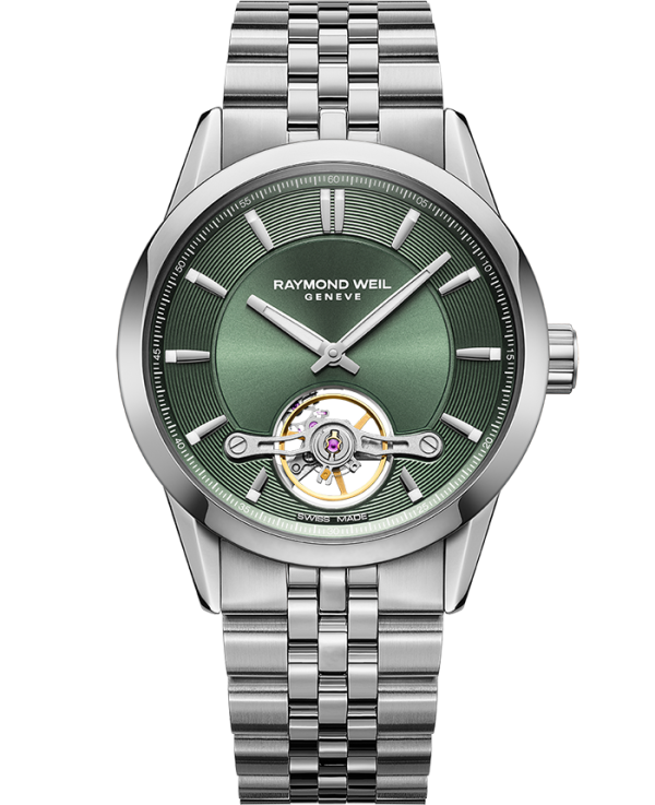 Raymond Weil 2781-ST-52051 Freelancer Calibre RW1212 Men's Automatic Green Steel Watch, 42.5mm Stainless steel bracelet, green dial, visible balance wheel