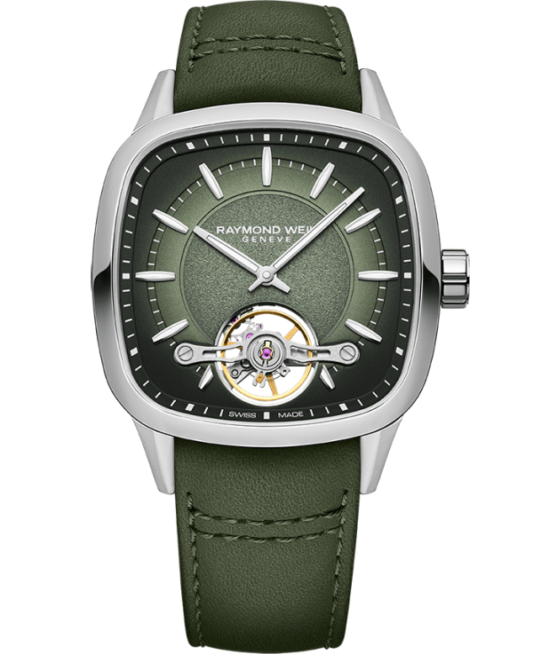Raymond Weil 2790-STC-52051 Freelancer Calibre RW1212 Men’s Automatic Green Leather Strap Watch, 40 x 40 mm Green Leather Strap, Green Dial, Stainless Steel, Visible Balance Wheel