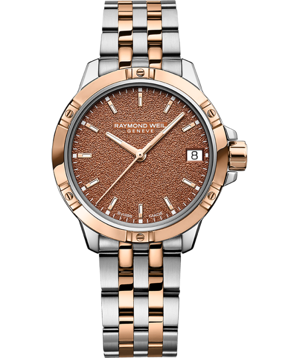 Raymond Weil 5960-SP5-70061 Tango Classic Ladies Quartz Two-Tone Terracotta Frosted Dial Watch, 30mm Stainless Steel Bracelet, Rose Gold PVD, Terracotta Frosted Dial, Indexes, Date