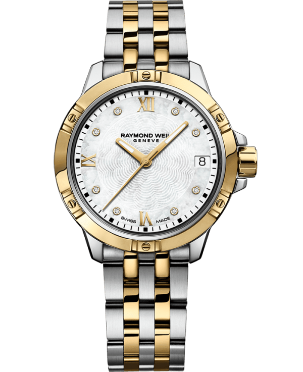 Raymond Weil 5960-STP-00995 Tango Classic Ladies Quartz Gold Two-Tone Stainless Steel Diamond Watch, 30mm Stainless Steel Bracelet, Mother-of-pearl Dial, Roman Numerals, 8 Diamonds, Yellow Gold PVD