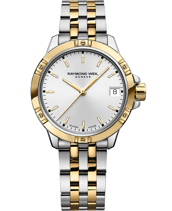 Raymond Weil 5960-STP-30041 Tango Classic Ladies Quartz Two-Tone White Dial Steel Date Watch, 30mm Stainless Steel Bracelet, Yellow Gold PVD, Sunrayed White Dial, Indexes, Date