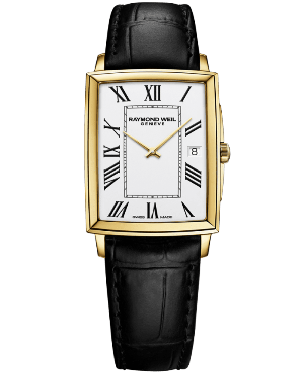 Raymond Weil Toccata Men's Classic Rectangular Gold PVD White Dial Leather Watch, 37 x 29 mm