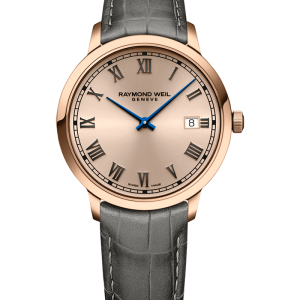 Raymond Weil 5485-PC5-00859 Toccata Men's Classic Rosé Dial Leather Quartz Watch, 39 mm Grey Leather Strap, Rosé Colour Dial, Stainless Steel With Rose Gold PVD Plated Case, Applied Roman Numeral Indexes, Railway-Track Chapter Ring