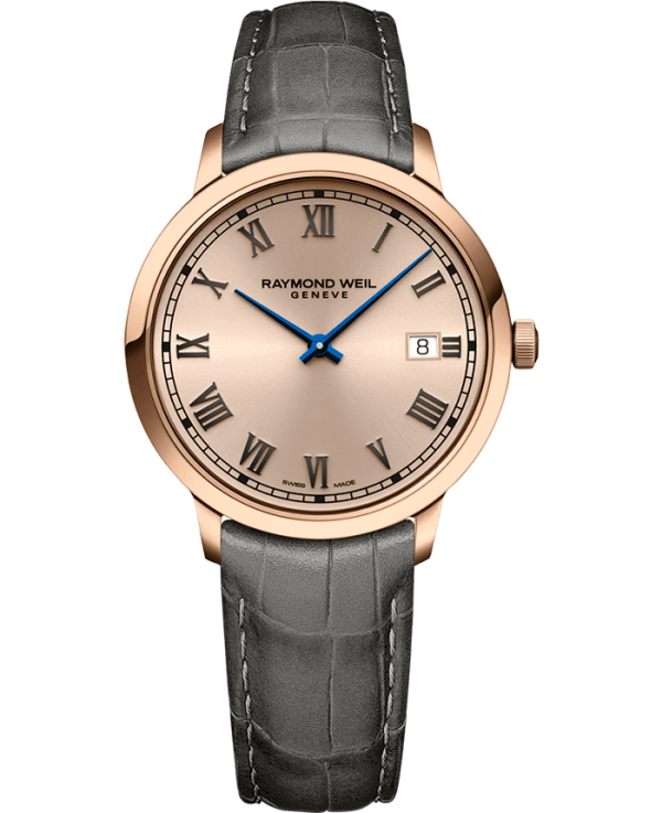 Raymond Weil 5485-PC5-00859 Toccata Men's Classic Rosé Dial Leather Quartz Watch, 39 mm Grey Leather Strap, Rosé Colour Dial, Stainless Steel With Rose Gold PVD Plated Case, Applied Roman Numeral Indexes, Railway-Track Chapter Ring