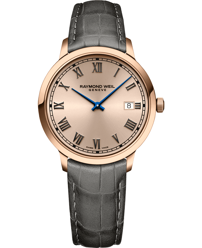 Raymond Weil 5485-PC5-00859 Toccata Men's Classic Rosé Dial Leather Quartz Watch, 39 mm Grey Leather Strap, Rosé Colour Dial, Stainless Steel With Rose Gold PVD Plated Case, Applied Roman Numeral Indexes, Railway-Track Chapter Ring