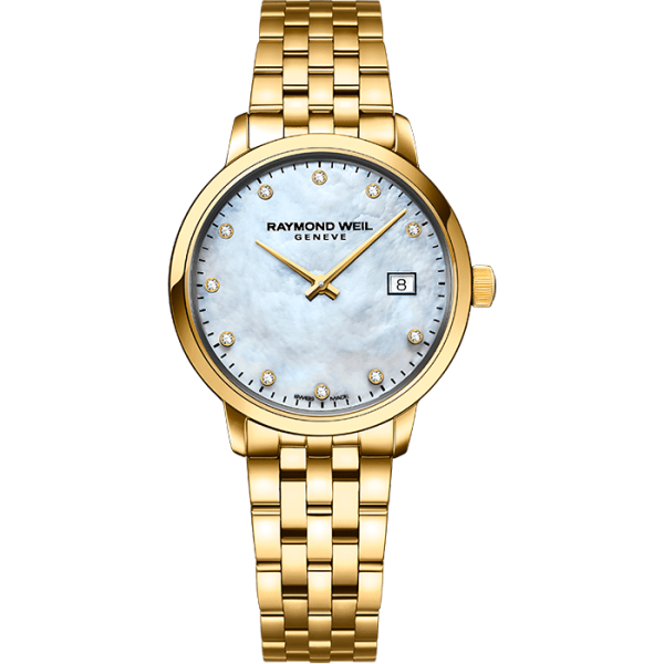Raymond Weil 5985-P-97081 Toccata Ladies Classic Gold Diamond Steel Watch, 29mm Stainless Steel, White Mother-of-pearl Dial, 11 Diamonds, Yellow Gold Pvd
