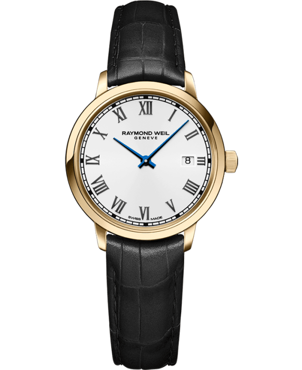 Raymond Weil 5985-PC-00359 Toccata Ladies Gold PVD Leather Quartz Watch, 29 mm Black Leather Strap, Stainless Steel With Yellow Gold PVD Plated Case, White Dial, Roman Numeral Indexes, Railway-Track Chapter Ring