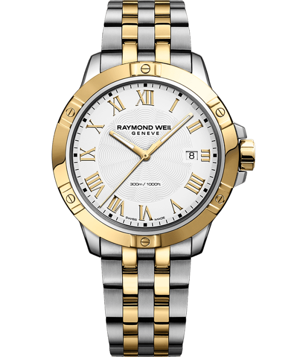 Raymond Weil 8160-STP-00308 Tango Classic Men's Quartz Two-tone Gold Steel Bracelet Watch, 41mm stainless steel bracelet, white dial, Roman numerals, yellow gold PVD