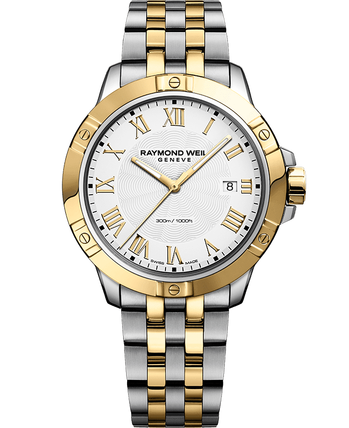 Raymond Weil 8160-STP-00308 Tango Classic Men's Quartz Two-tone Gold Steel Bracelet Watch, 41mm stainless steel bracelet, white dial, Roman numerals, yellow gold PVD