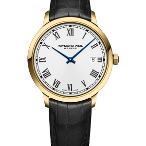 Raymond Weil 5485-PC-00359 Toccata Men's Classic Gold PVD Leather Quartz Watch, 39 mm Black Leather Strap, White Dial, Stainless Steel With Yellow Gold PVD Plated Case, Applied Roman Numeral Indexes, Railway-Track Chapter Ring