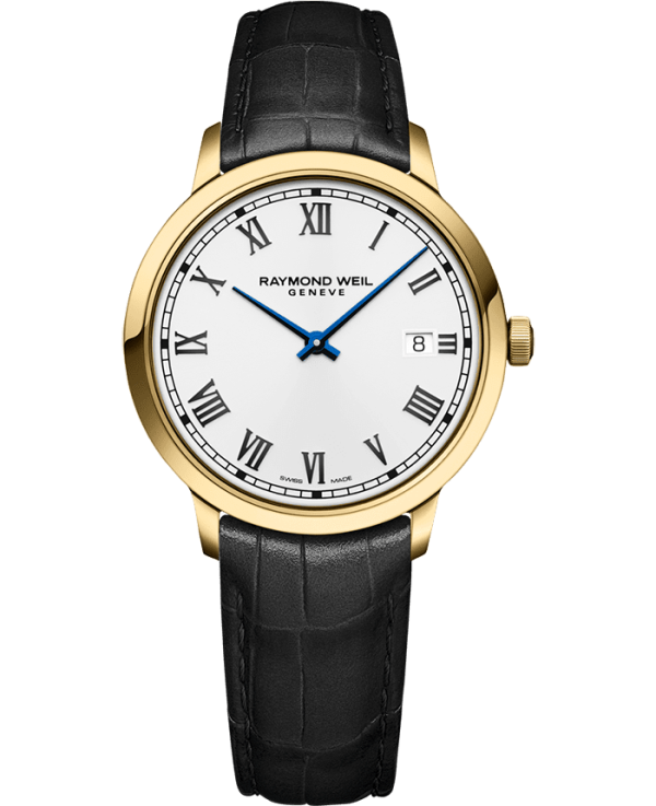 Raymond Weil 5485-PC-00359 Toccata Men's Classic Gold PVD Leather Quartz Watch, 39 mm Black Leather Strap, White Dial, Stainless Steel With Yellow Gold PVD Plated Case, Applied Roman Numeral Indexes, Railway-Track Chapter Ring