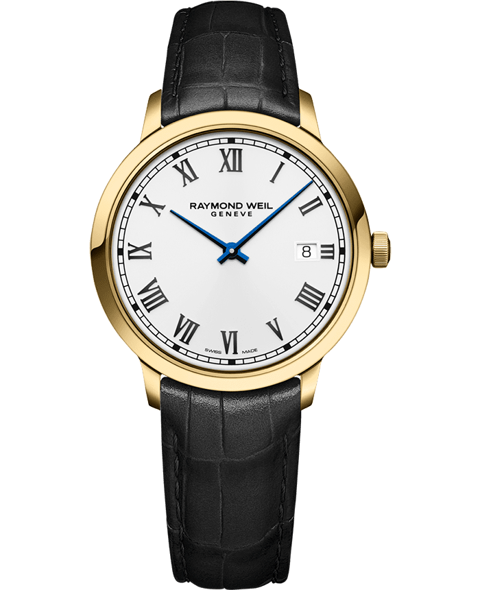 Raymond Weil 5485-PC-00359 Toccata Men's Classic Gold PVD Leather Quartz Watch, 39 mm Black Leather Strap, White Dial, Stainless Steel With Yellow Gold PVD Plated Case, Applied Roman Numeral Indexes, Railway-Track Chapter Ring