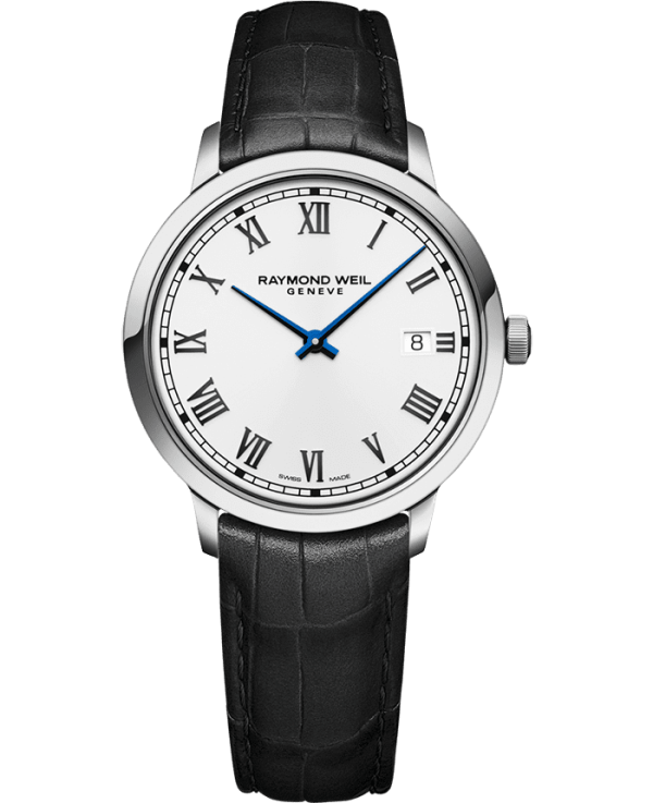 Raymond Weil 5485-STC-00359 Toccata Men's Classic White Dial Leather Quartz Watch, 39 mm Black Leather Strap, White Dial, Stainless Steel Case, Applied Roman Numeral Indexes, Railway-Track Chapter Ring