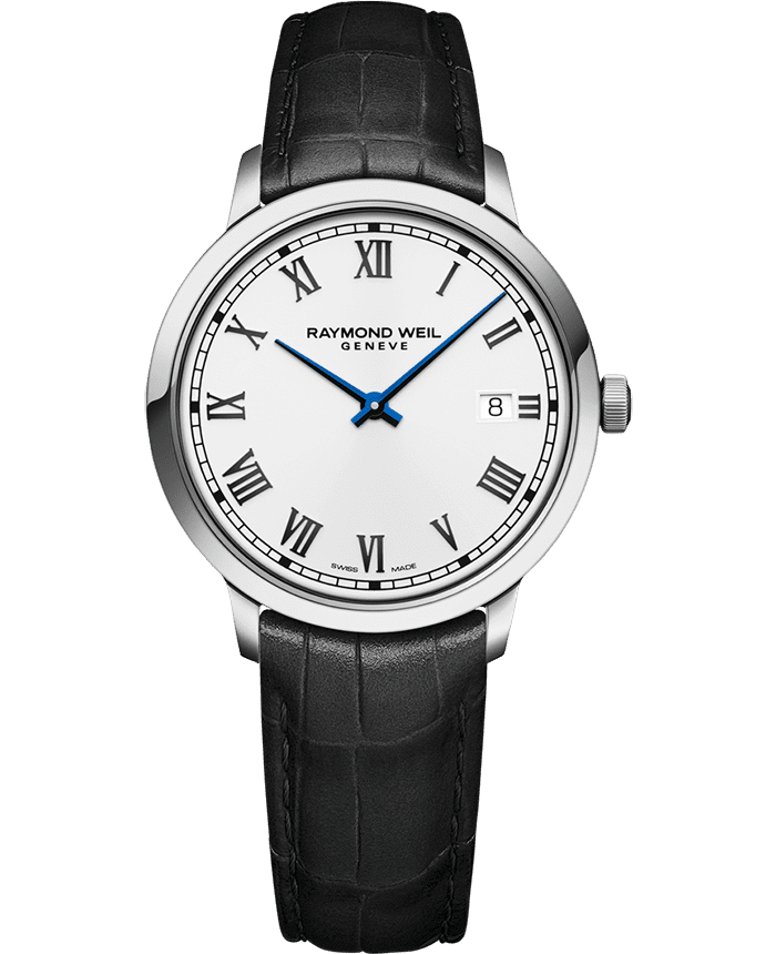 Raymond Weil 5485-STC-00359 Toccata Men's Classic White Dial Leather Quartz Watch, 39 mm Black Leather Strap, White Dial, Stainless Steel Case, Applied Roman Numeral Indexes, Railway-Track Chapter Ring