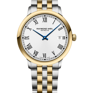 Raymond Weil 5485-STP-00359 Toccata Men's Classic Two-Tone Gold PVD Quartz Watch, 39 mm Stainless Steel Two-Tone Bracelet, Stainless Steel With Yellow Gold PVD Plated Case, White Dial, Applied Roman Numeral Indexes, Railway-Track Chapter Ring