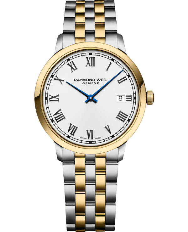 Raymond Weil 5485-STP-00359 Toccata Men's Classic Two-Tone Gold PVD Quartz Watch, 39 mm Stainless Steel Two-Tone Bracelet, Stainless Steel With Yellow Gold PVD Plated Case, White Dial, Applied Roman Numeral Indexes, Railway-Track Chapter Ring