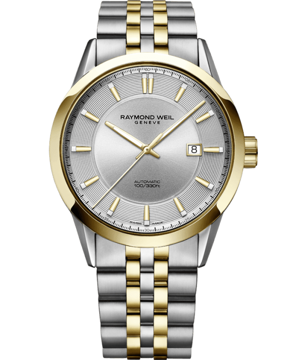 Raymond Weil 2731-STP-65001 Freelancer Men's Automatic Classic Two-Tone Yellow Gold Date Watch, 42mm Silver Dial With Indexes