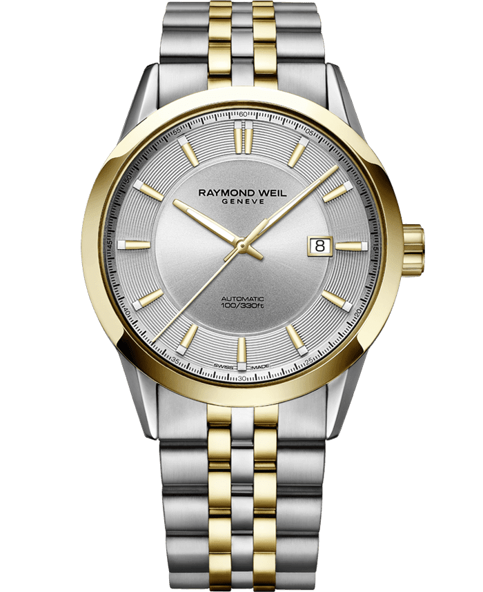 Raymond Weil 2731-STP-65001 Freelancer Men's Automatic Classic Two-Tone Yellow Gold Date Watch, 42mm Silver Dial With Indexes