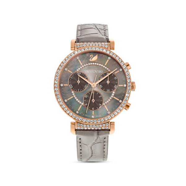 Swarovsk 5580348 Passage Chrono watch, Swiss Made, Leather strap, Gray, Rose gold-tone finish