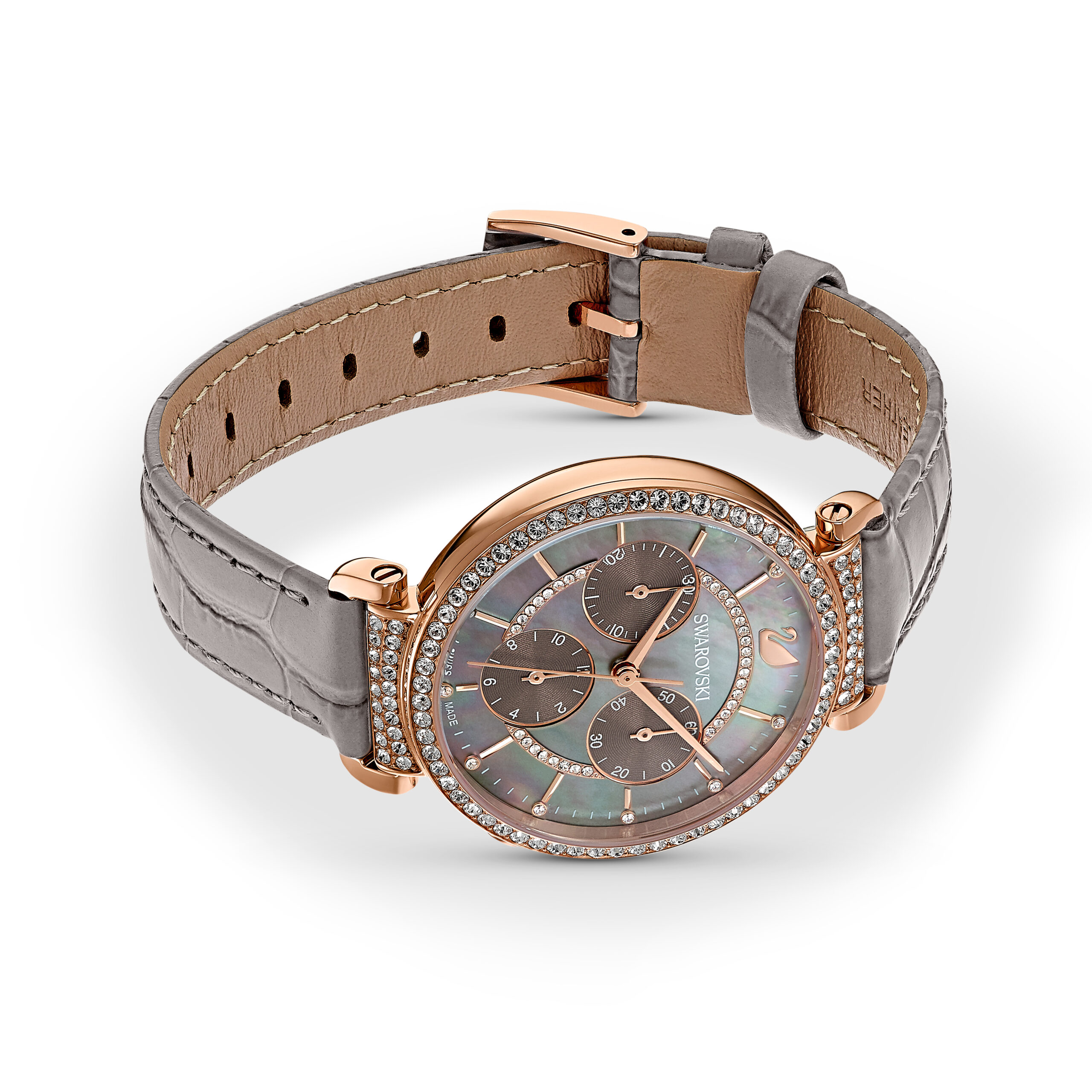 Swarovsk 5580348 Passage Chrono watch, Swiss Made, Leather strap, Gray, Rose gold-tone finish