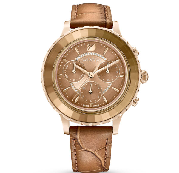 Swarovski Octea Lux Chrono watch, Swiss Made, Leather strap, Brown, Gold-tone finish