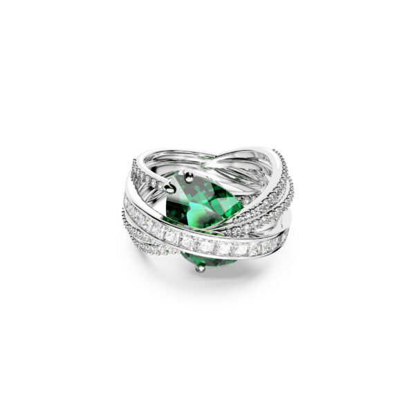 Swarovski Hyperbola cocktail ring, Mixed cuts, Four bands, Green, Rhodium plated