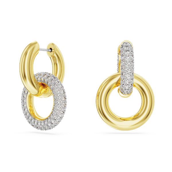 Swarovski Dextera hoop earrings, Asymmetrical design, Interlocking loop, White, Gold-tone plated