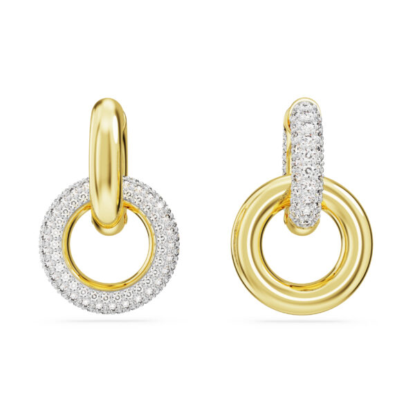 Swarovski Dextera hoop earrings, Asymmetrical design, Interlocking loop, White, Gold-tone plated - Image 2