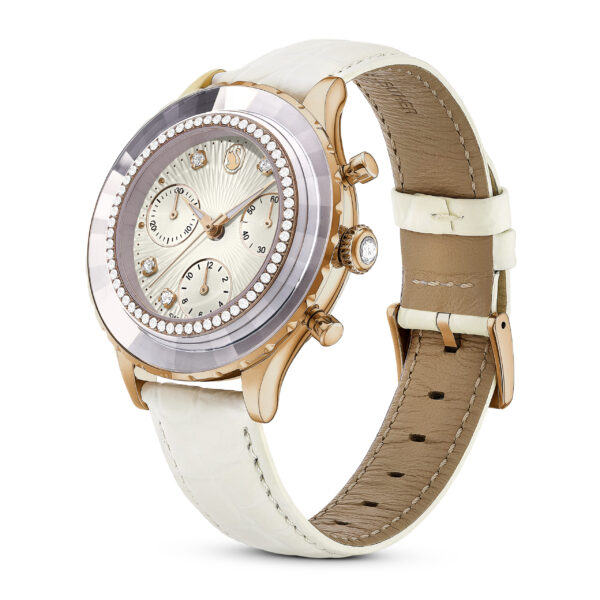 Swarovski Octea Chrono watch, Swiss Made, Leather strap, White, Rose gold-tone finish - Image 2