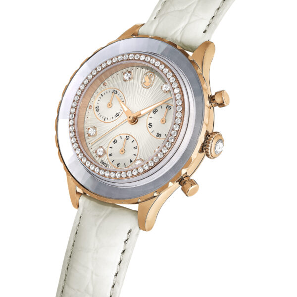 Swarovski Octea Chrono watch, Swiss Made, Leather strap, White, Rose gold-tone finish - Image 4