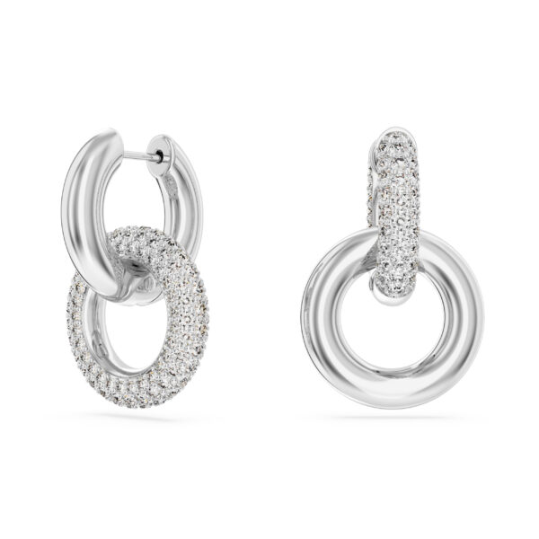 Swarovski Dextera hoop earrings, Asymmetrical design, Interlocking loop, White, Rhodium plated