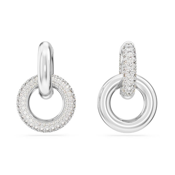 Swarovski Dextera hoop earrings, Asymmetrical design, Interlocking loop, White, Rhodium plated - Image 2