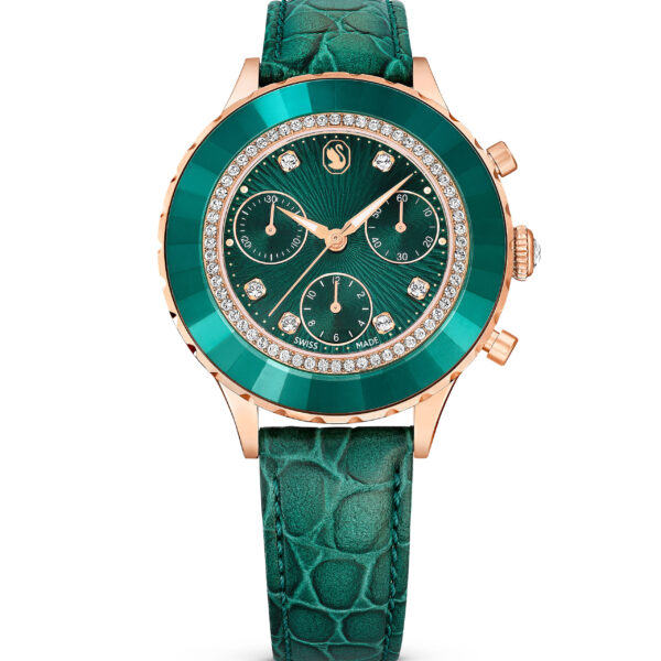 Swarovski Octea Chrono watch, Swiss Made, Leather strap, Green, Rose gold-tone finish