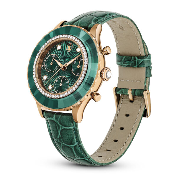 Swarovski Octea Chrono watch, Swiss Made, Leather strap, Green, Rose gold-tone finish - Image 2