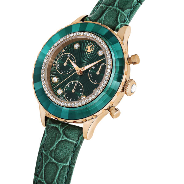 Swarovski Octea Chrono watch, Swiss Made, Leather strap, Green, Rose gold-tone finish - Image 5