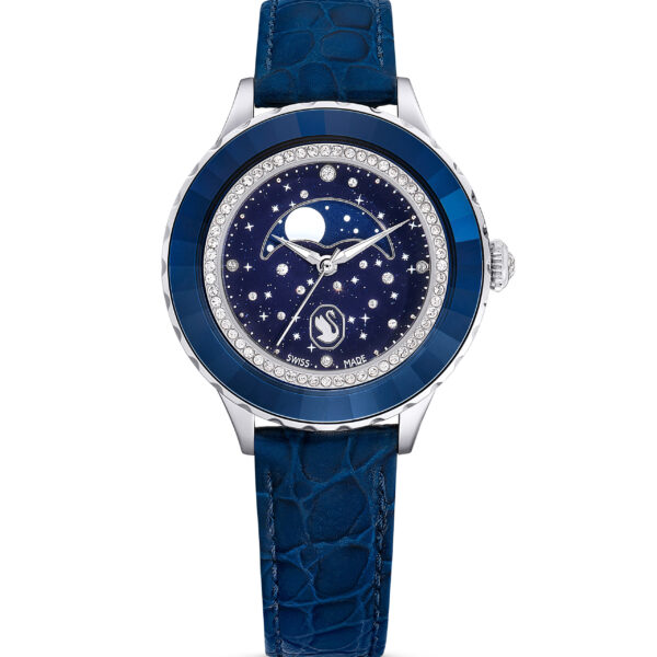 Swarovski Octea Moon watch, Swiss Made, Moon, Leather strap, Blue, Stainless steel