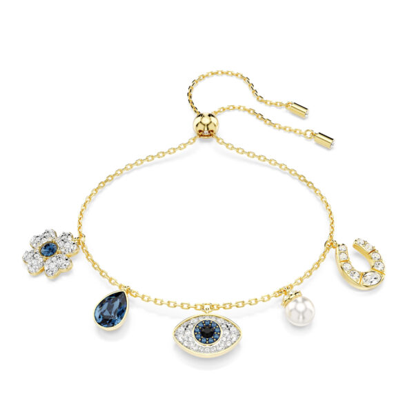 Swarovski Symbolica bracelet, Crystal pearl, Clover, evil eye and horseshoe, Blue, Gold-tone plated