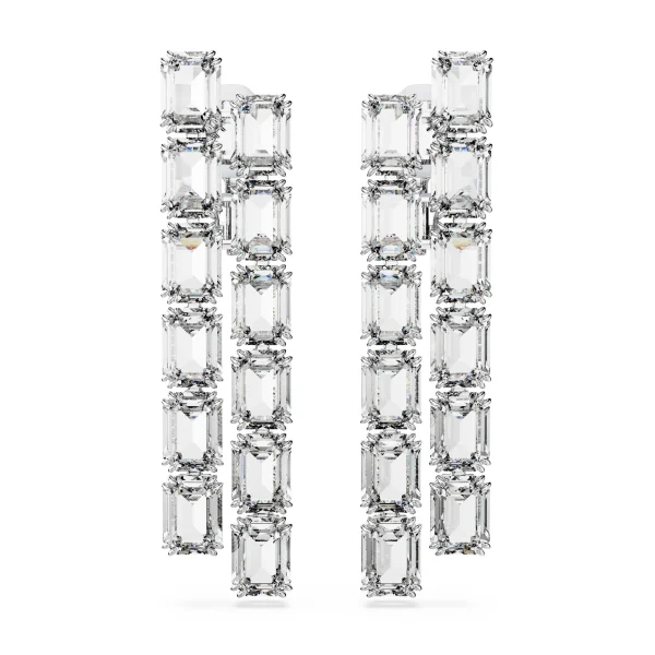 Swarovski Millenia clip earrings, Octagon cut, Long, White, Rhodium plated