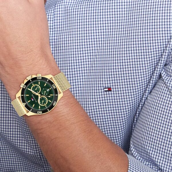 Tommy Hilfiger Men's Green Chronograph Dial Gold Tone Mesh Bracelet Watch - Image 4